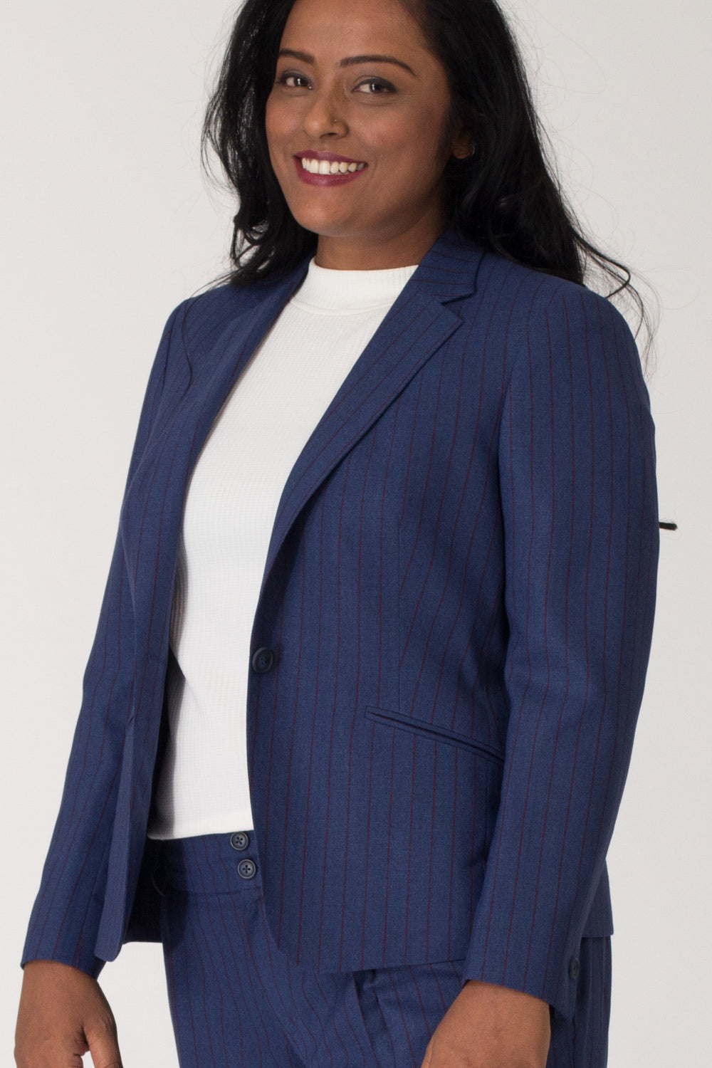 Blue Pinstripe Formal Blazer Pant Suits for Working Women. Shop for formal trousers, suits and workwear dresses at www.intermod.in