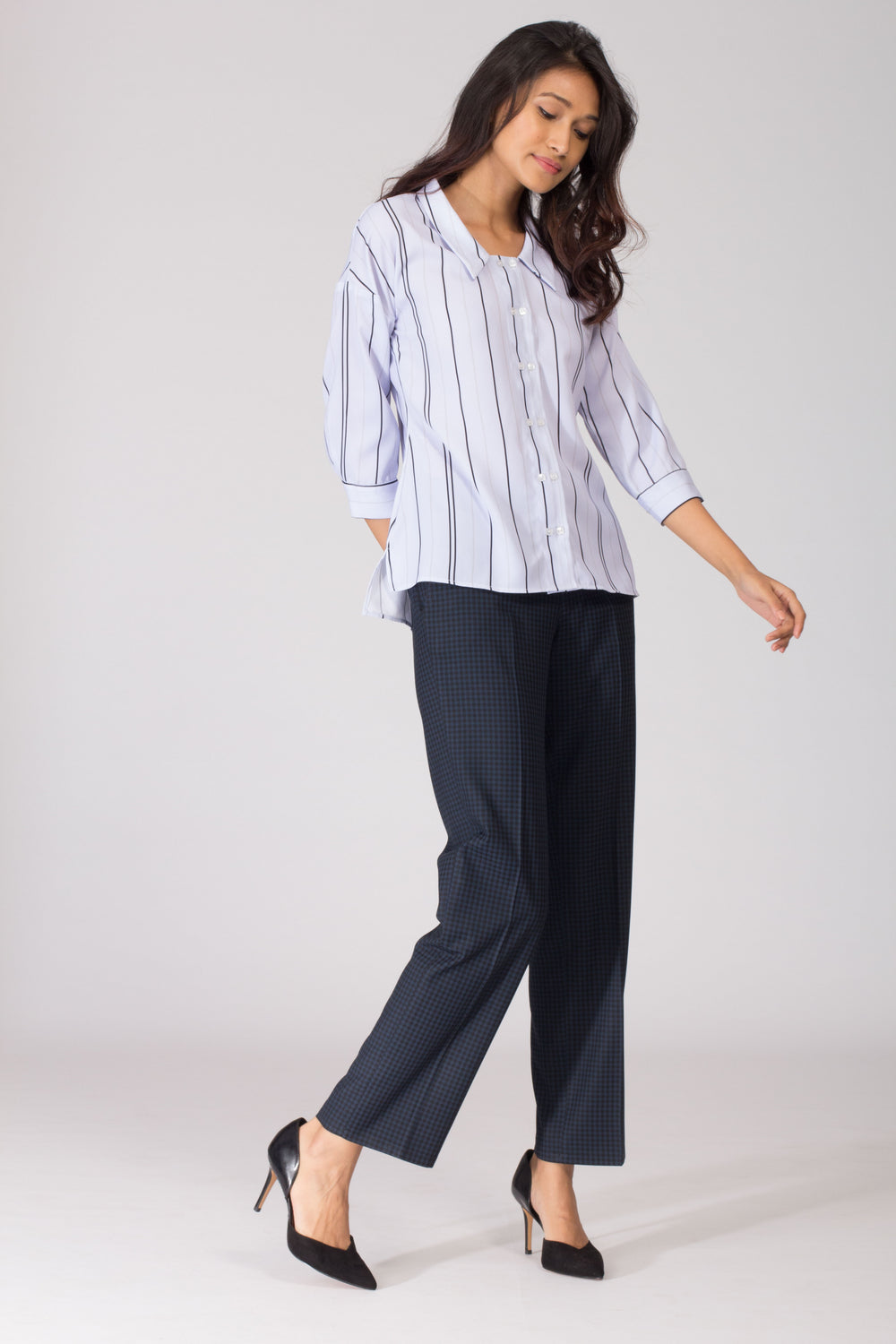 Blue and black women's formal pants and trousers for office. Shop online in India for all sizes, plus size culottes , trousers, and formal palazzo pants at www.intermod.in