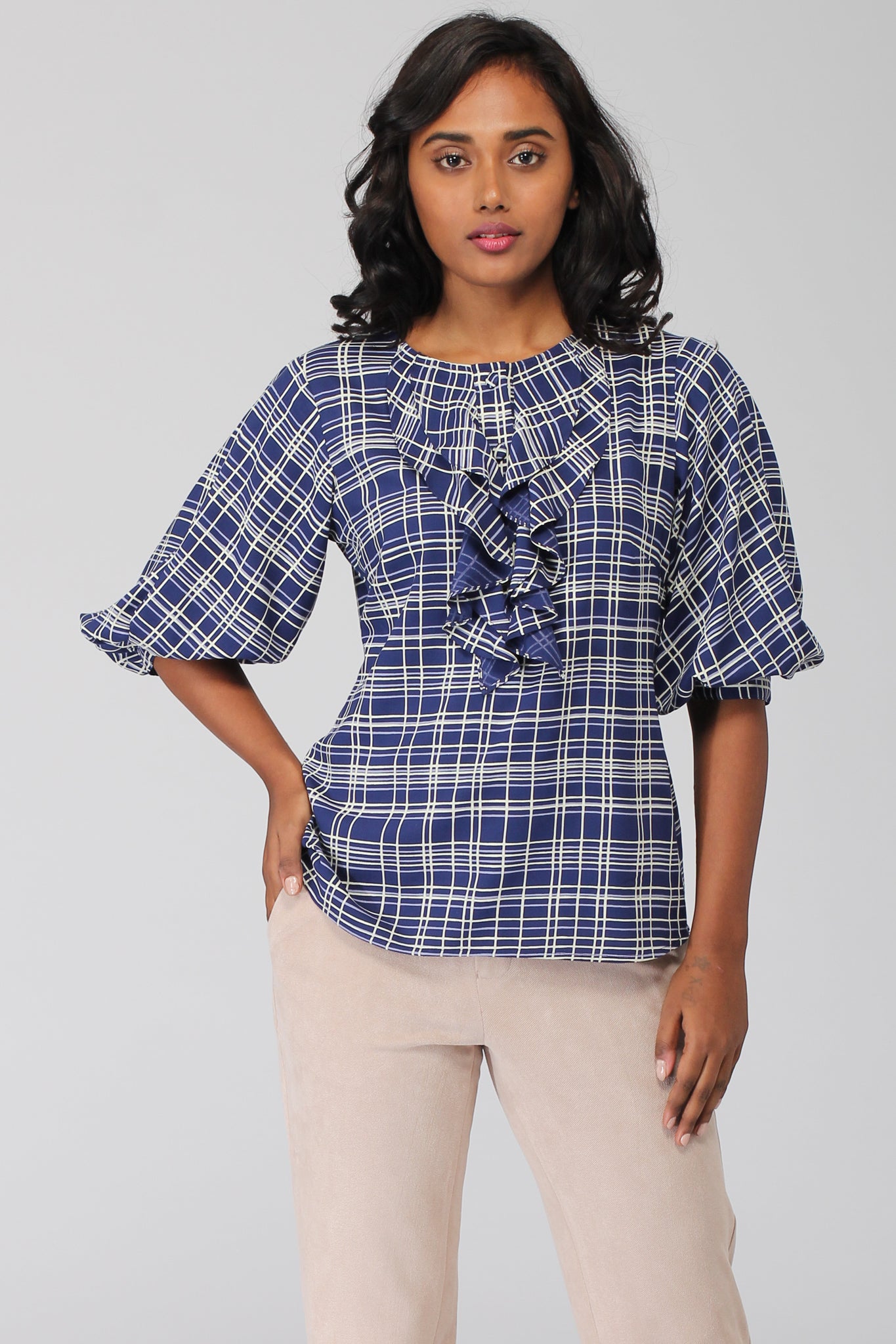 Printed Flowy Work Top in Blue | Intermod Workwear