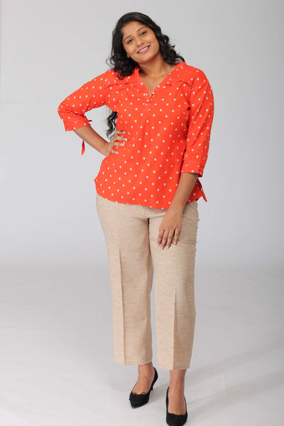 Tangerine Floral Popover Top with Tieup sleeves
