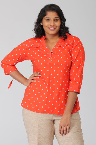 Tangerine Floral Popover Top with Tieup sleeves