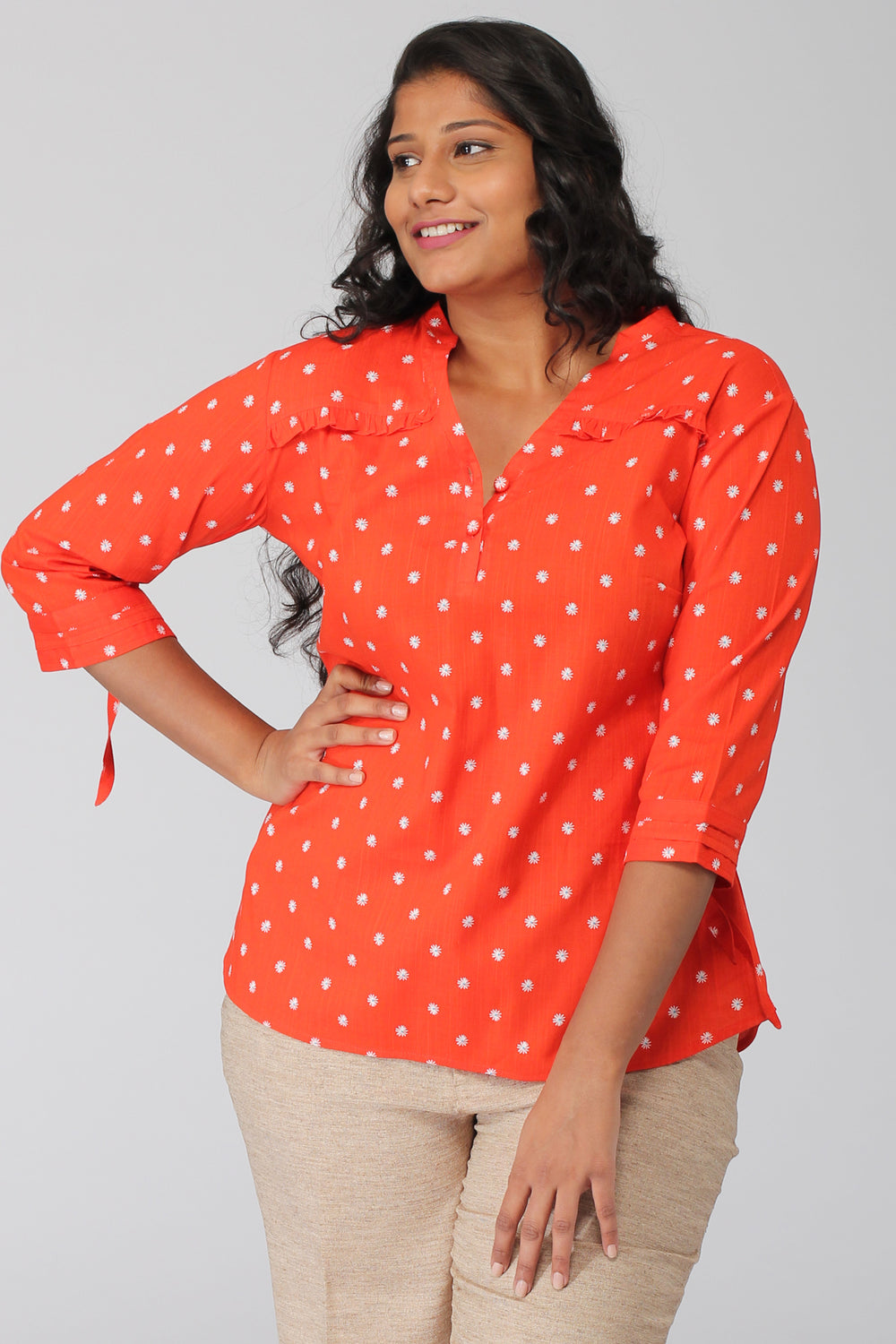 Tangerine Floral Popover Top with Tieup sleeves