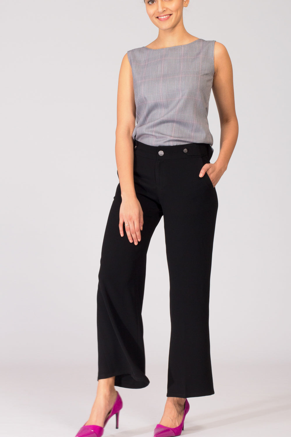 Black wide leg women's formal pants and trousers for office. Shop online for culottes , trousers, and formal palazzo trousers and pants at www.intermod.in