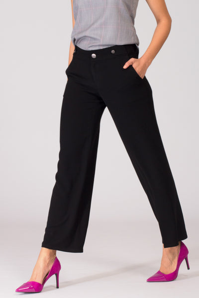 Black wide leg women's formal pants and trousers for office. Shop online for culottes , trousers, and formal palazzo trousers and pants at www.intermod.in