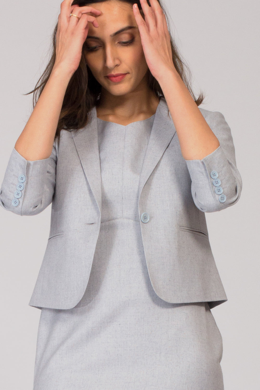 Light Blue Semi Formal Blazer Suit for work. Buy stylish office formal pant-suits, formal dresses, skirts and formal trousers and other professional looks online at www.intermod.in