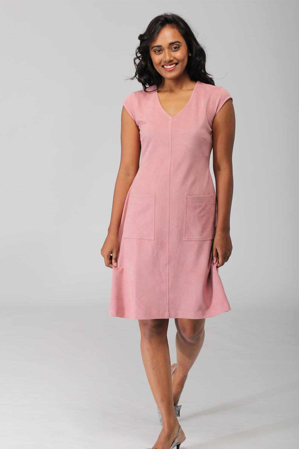 Carnation Pink A line Dress with patch pockets