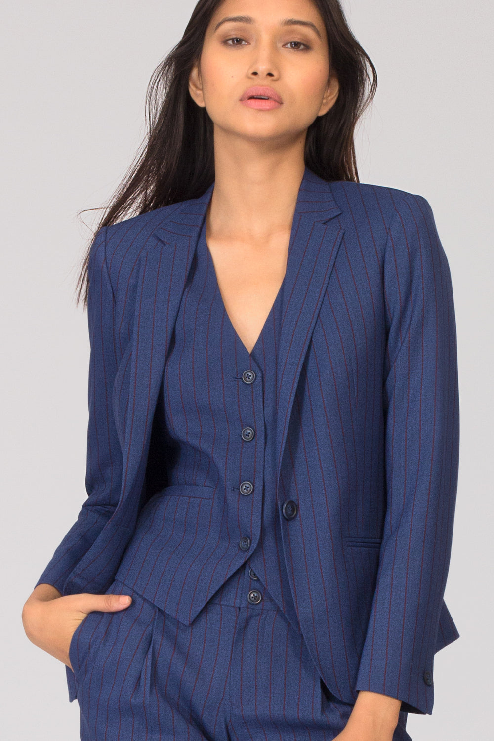 Blue Pinstripe Formal Blazer Pant Suits for Working Women. Shop for formal trousers, suits and workwear dresses at www.intermod.in