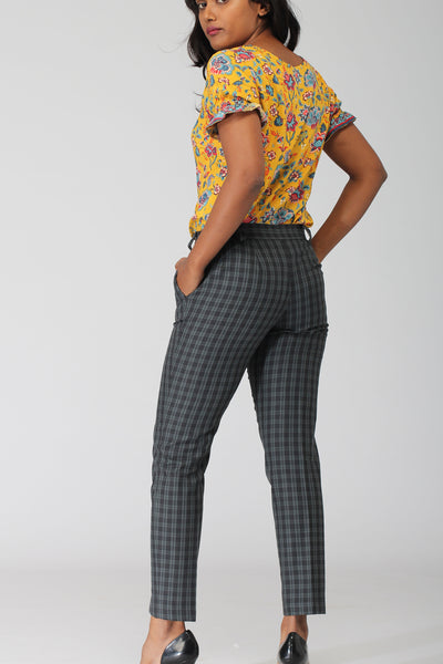 Buy Black Cotton Checks Women Pants with Loose Belt-33225