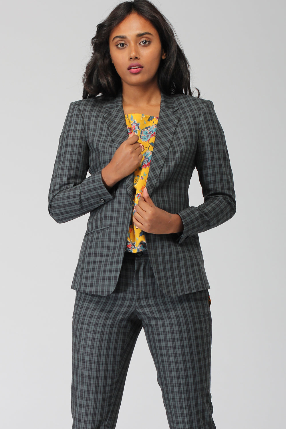 Green Plaid Cotton Blazer - Main Image