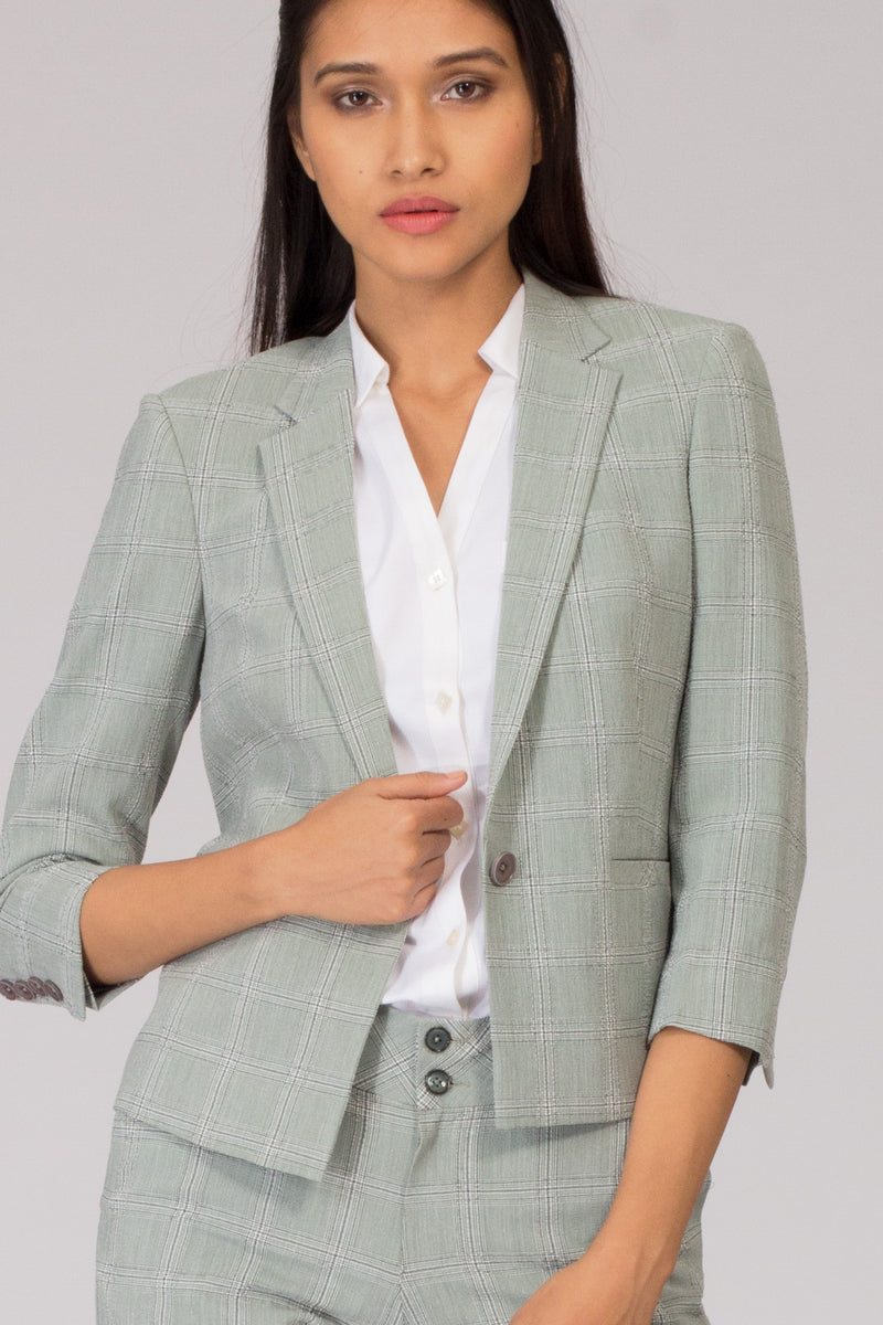 Light Green Check Semi Formal Blazer for Working Women. Shop for stylish business suits and professional looks at www.intermod.in