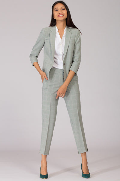 Light Green Check Semi Formal Blazer for Working Women. Shop for stylish business suits and professional looks at www.intermod.in