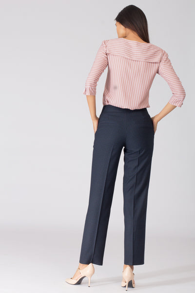 Blue and black women's formal pants and trousers for office. Shop online in India for all sizes, plus size culottes , trousers, and formal palazzo pants at www.intermod.in
