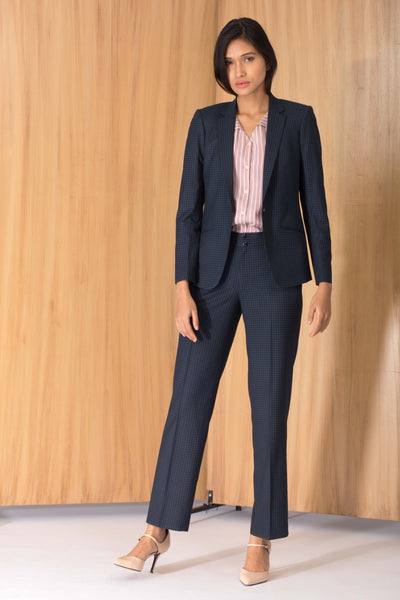 Blue and black women's formal pants and trousers for office. Shop online in India for all sizes, plus size culottes , trousers, and formal palazzo pants at www.intermod.in