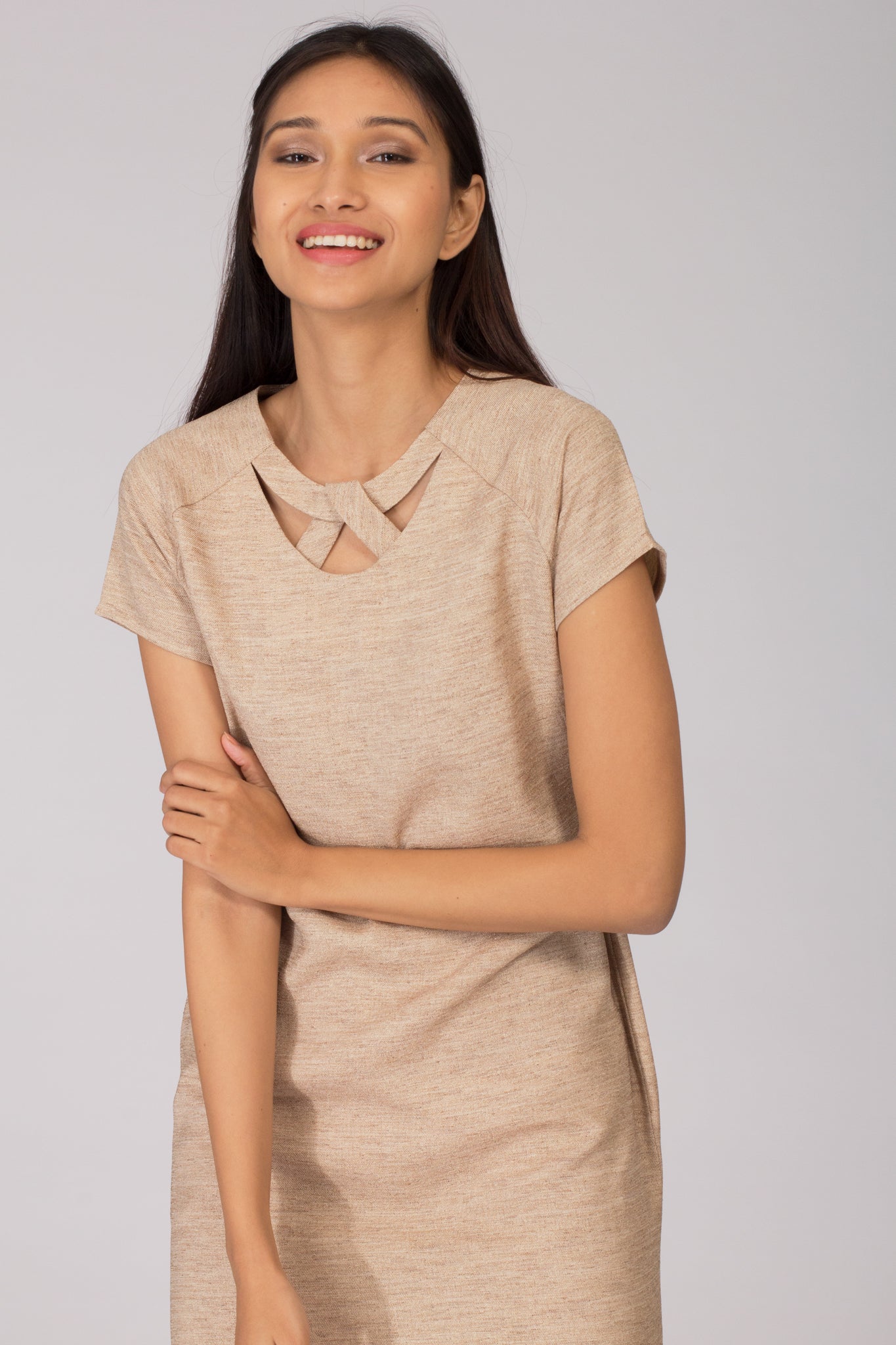 Beige shift hotsell dress with sleeves