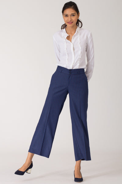 Blue wide leg formal pants and trousers for office. Shop online for all sizes, plus size culottes , trousers, and formal palazzo pants at www.intermod.in