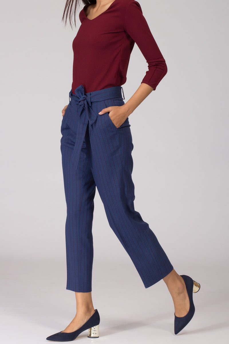 Smart Blue Pinstripe women's formal pants and trousers for work. Shop online for well fitted and plus size formal trousers and pants at www.intermod.in