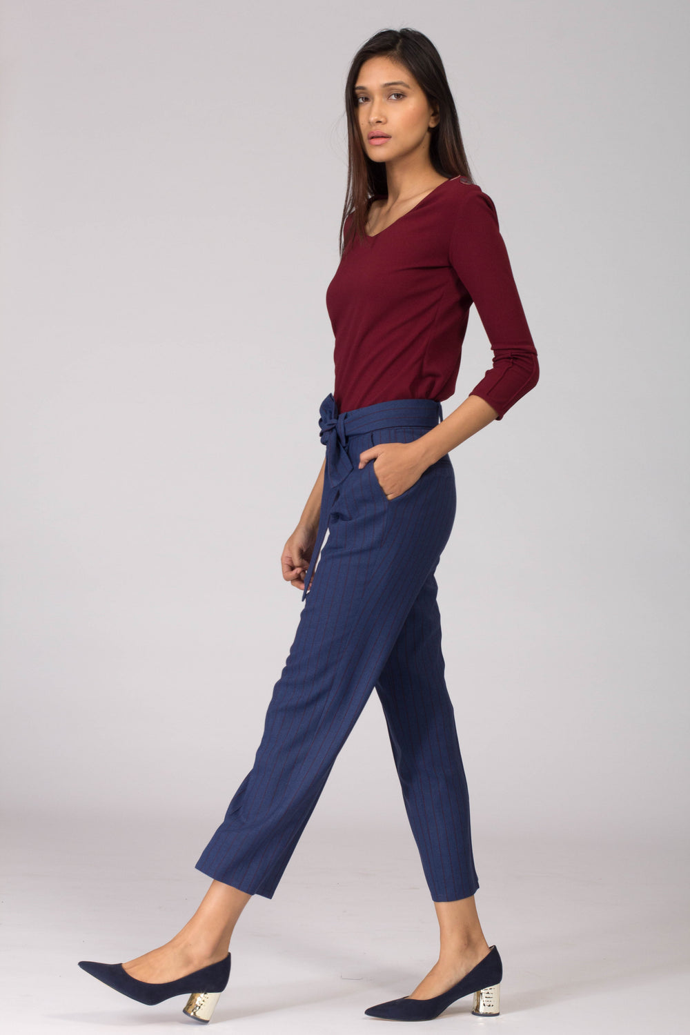 Cobalt Pinstripe Pleated Trousers with Belt
