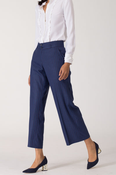 Blue wide leg formal pants and trousers for office. Shop online for culottes , trousers, and formal palazzo pants at www.intermod.in