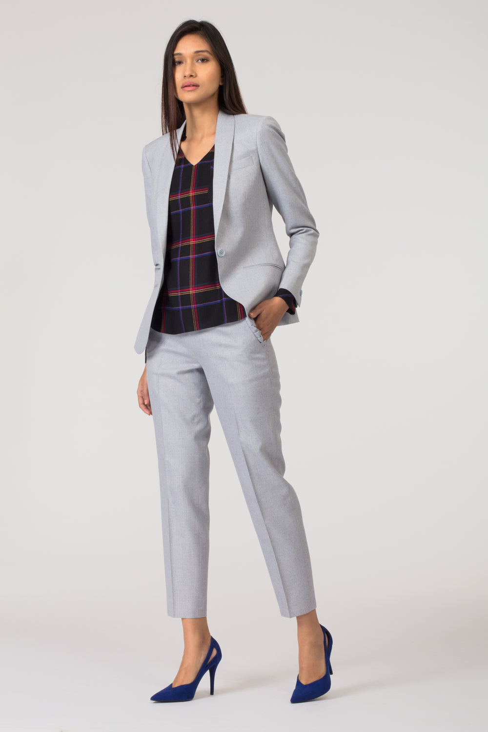 Light Blue Formal Blazer Suit for women. Buy formal pant-suits, formal dresses, skirts and formal trousers and other professional looks online at www.intermod.in